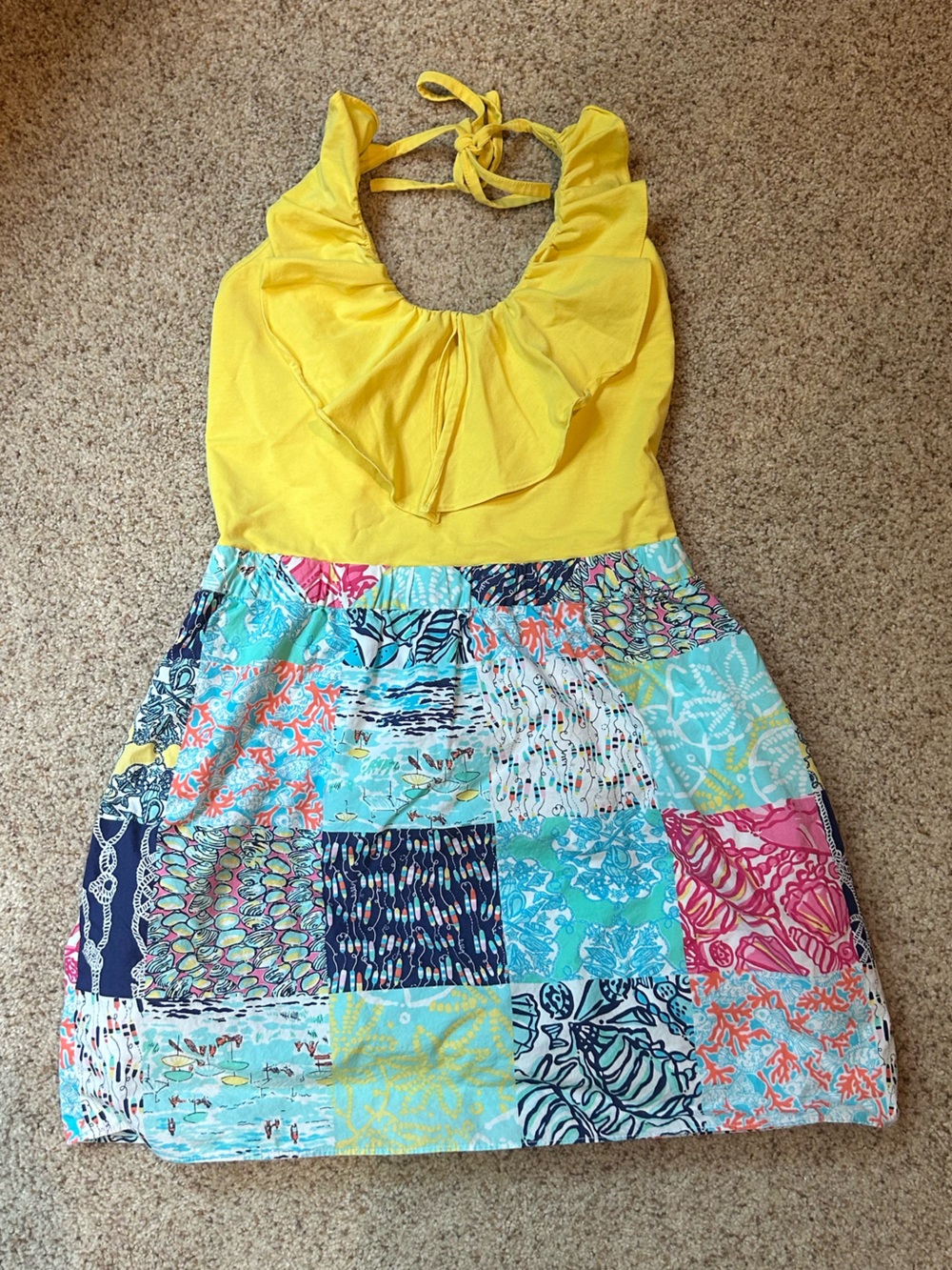 Lilly Pulitzer Quinn Multi Sailor Patch Combo Yellow Ruffle Halter Dress